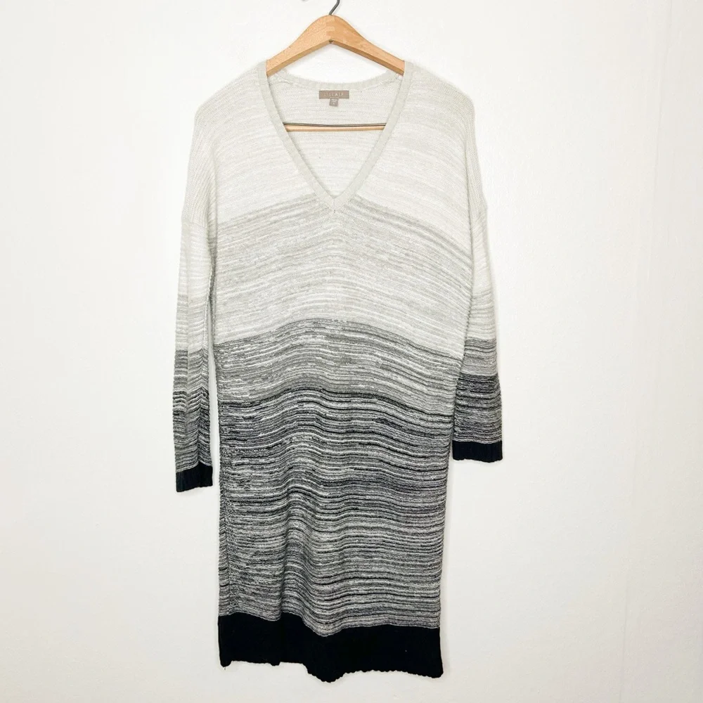Lilla P‎ Cotton Cashmere Blend Grey Knit Stripe V Neck Sweater Dress Small S
